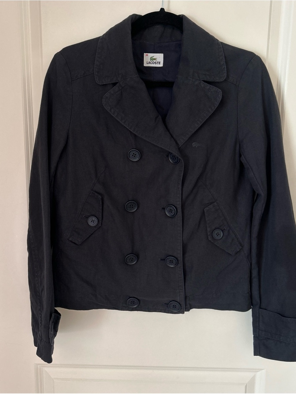 Lacoste Women's Dark Blue Double-Breasted Cotton Linen Peacoat Jacket